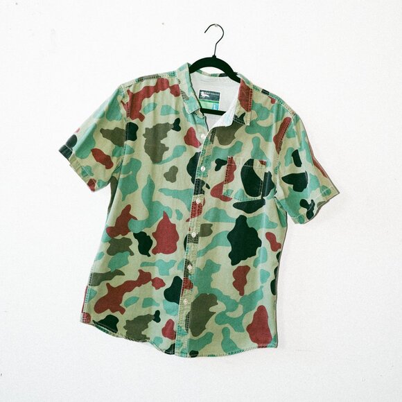 Modern Amusement Camo Short-Sleeve Button-Down Shirt – Teal/Olive/Rust – Men - Picture 1 of 11